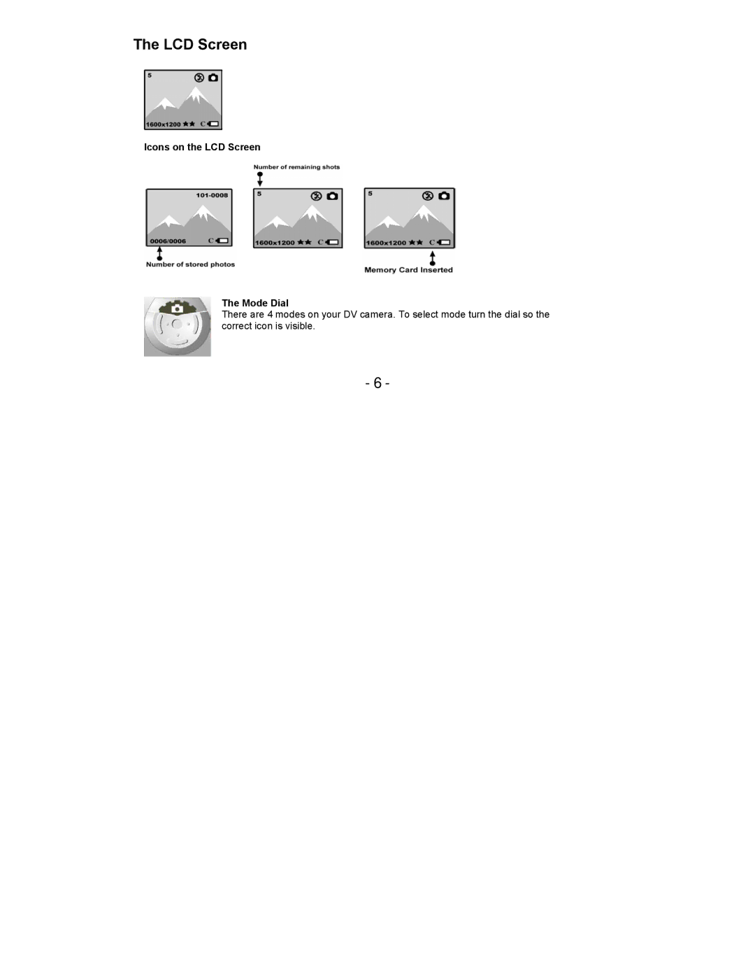 Sakar 87480 owner manual Icons on the LCD Screen Mode Dial 