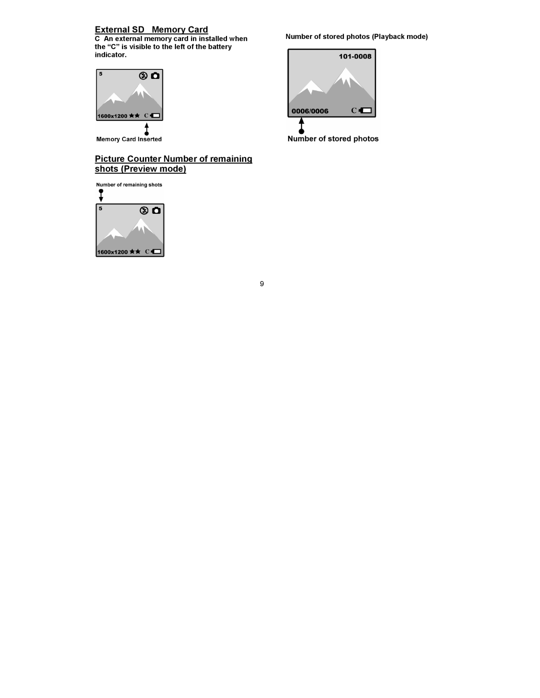 Sakar 89379 owner manual Picture Counter Number of remaining shots Preview mode 