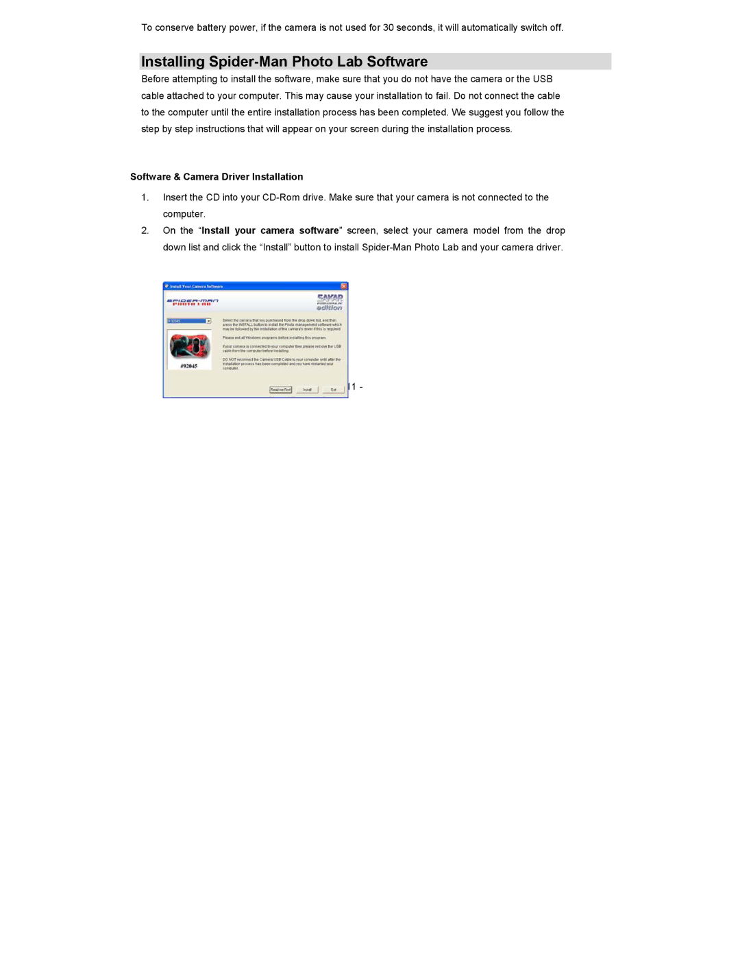 Sakar 92045 owner manual Installing Spider-Man Photo Lab Software, Software & Camera Driver Installation 