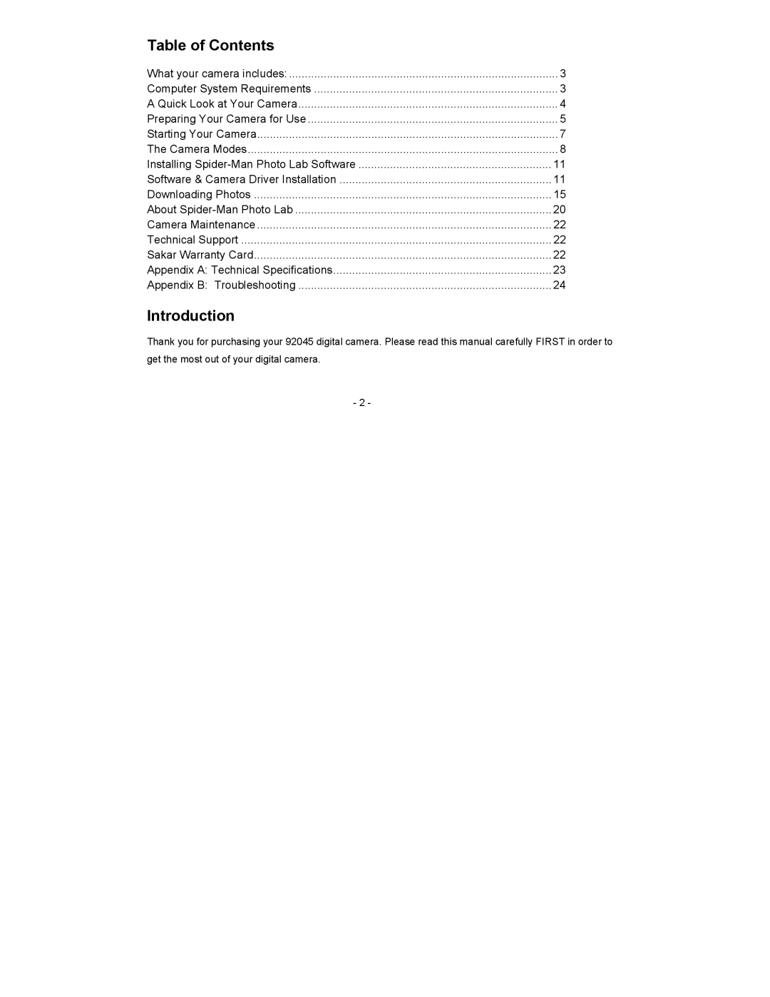 Sakar 92045 owner manual Table of Contents, Introduction 