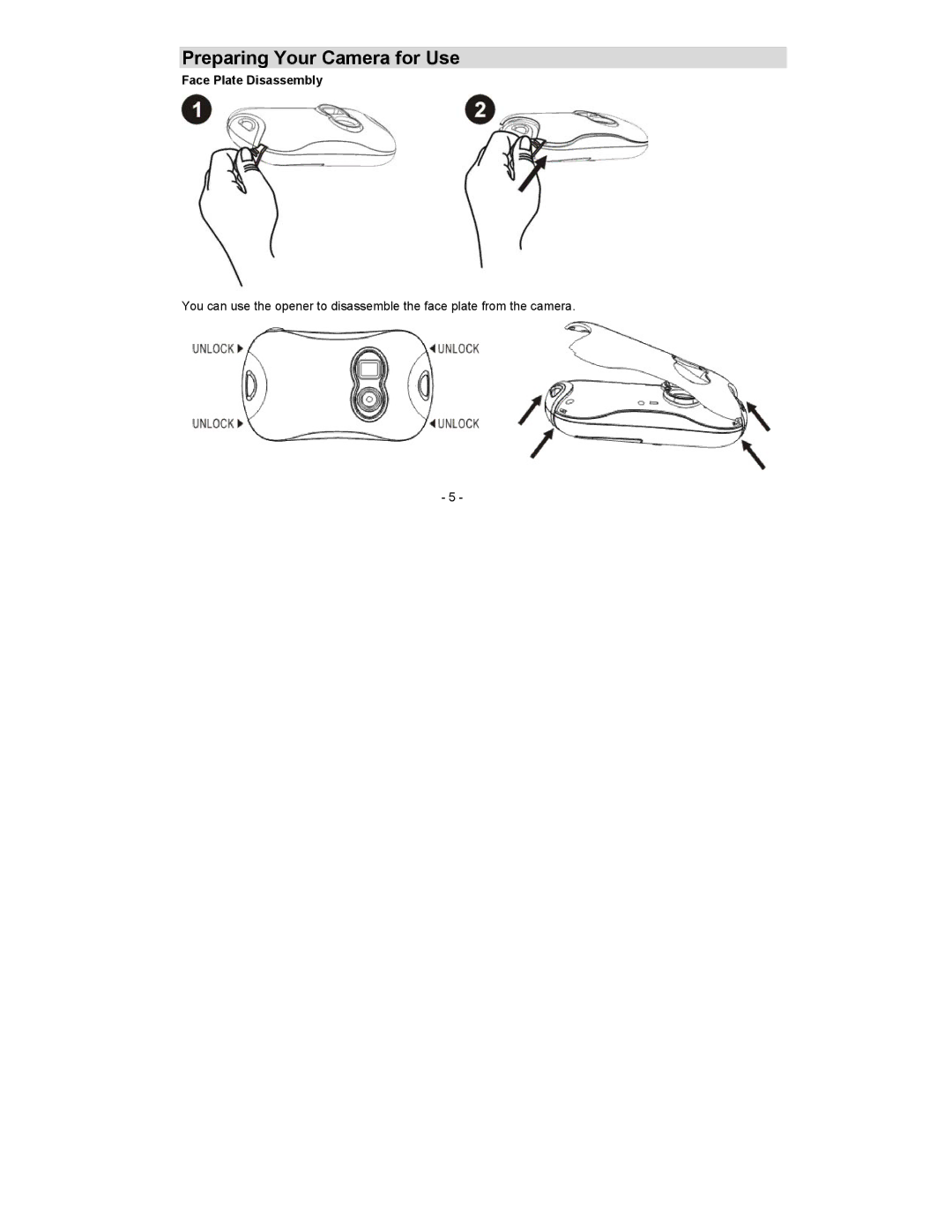 Sakar 92045 owner manual Preparing Your Camera for Use, Face Plate Disassembly 