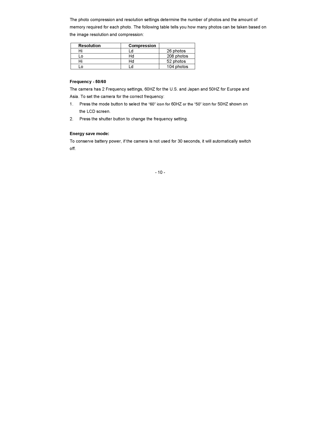 Sakar 93045 owner manual Resolution, Frequency 50/60, Energy save mode 