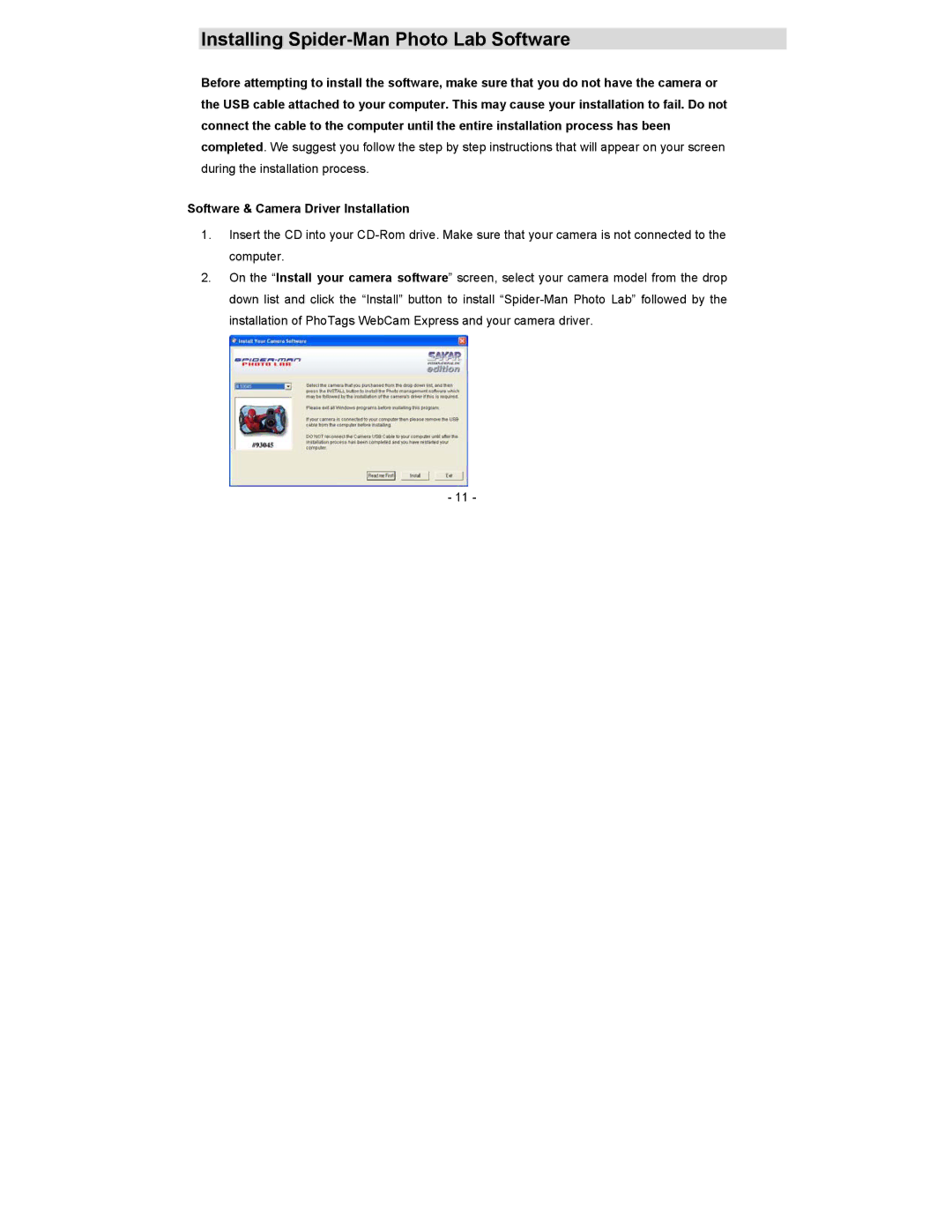 Sakar 93045 owner manual Installing Spider-Man Photo Lab Software 