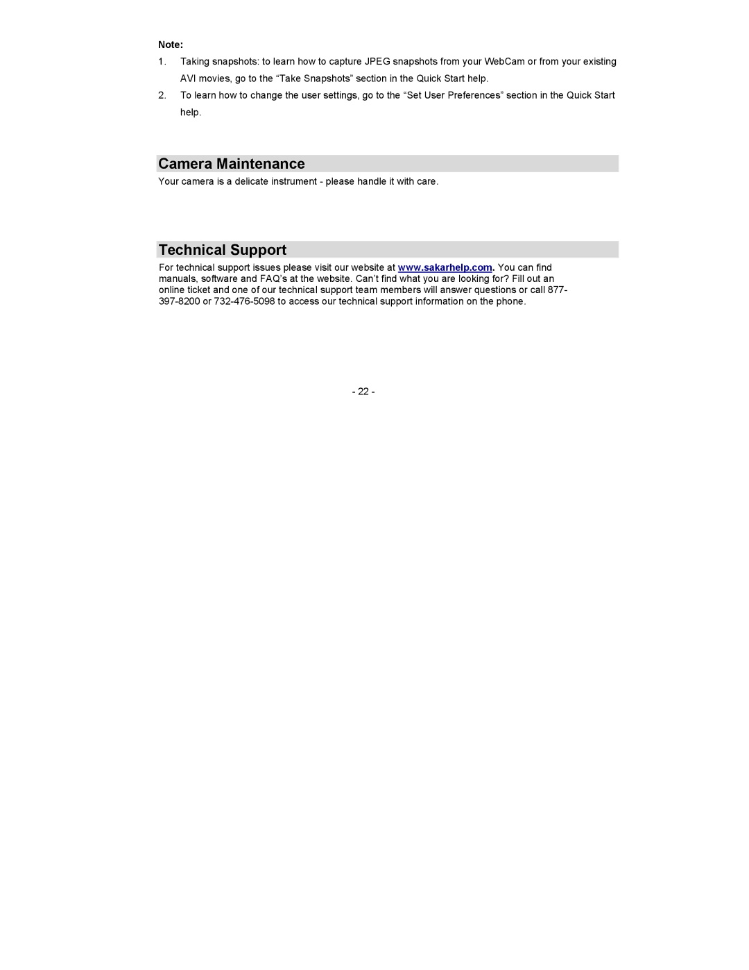Sakar 93045 owner manual Camera Maintenance, Technical Support 