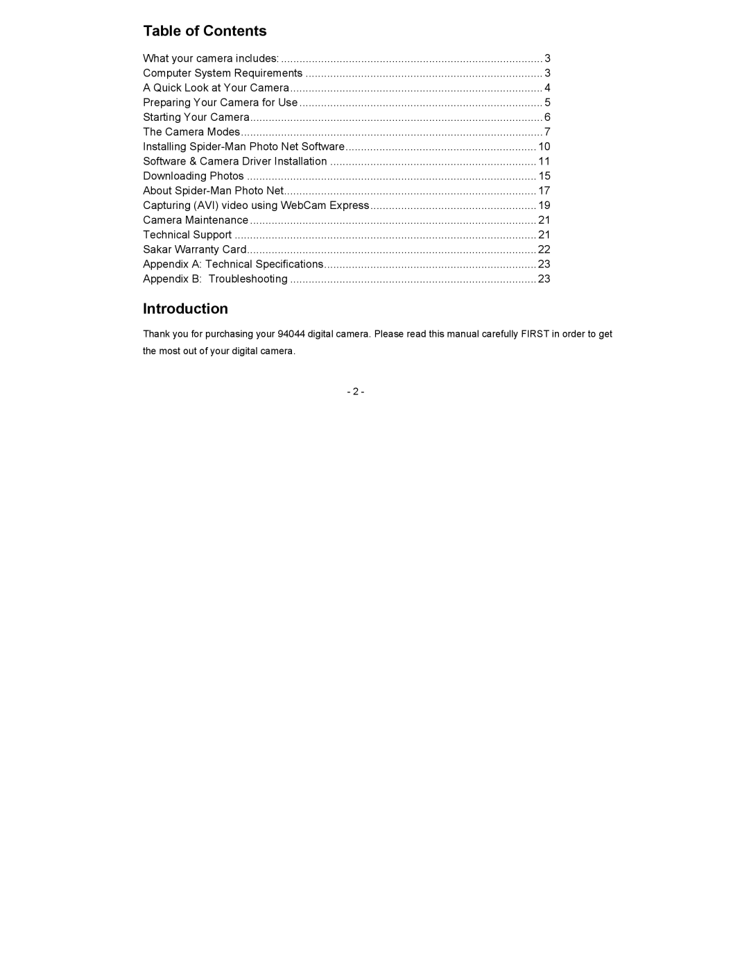 Sakar 94044 owner manual Table of Contents, Introduction 