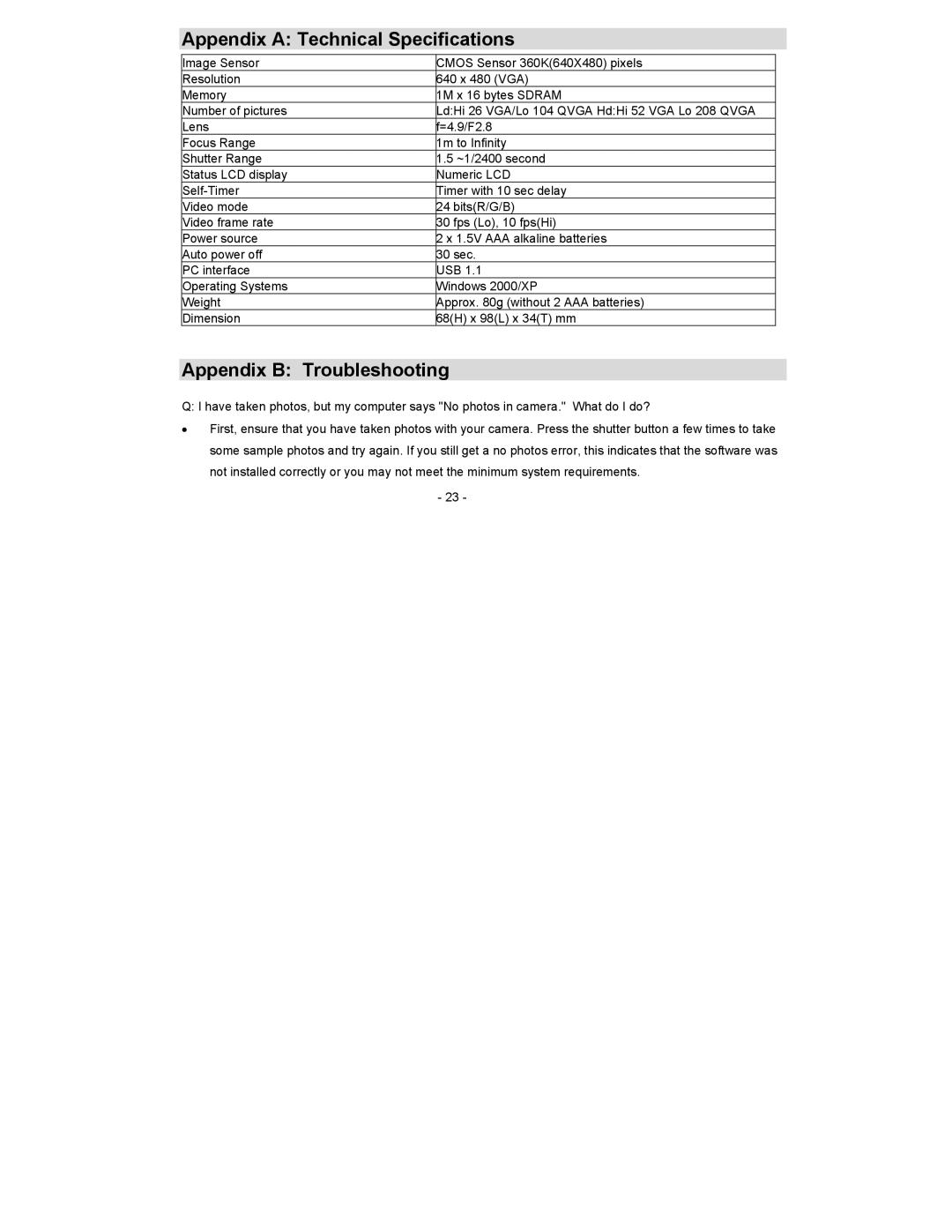 Sakar 94044 owner manual Appendix a Technical Specifications 