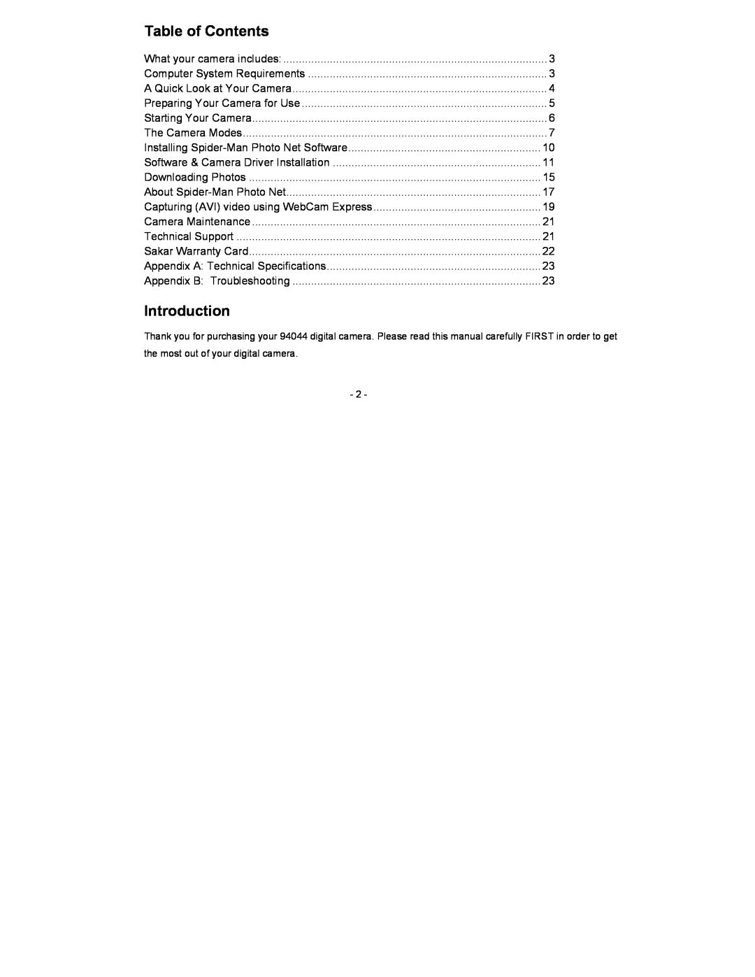 Sakar 94044 owner manual Table of Contents, Introduction 