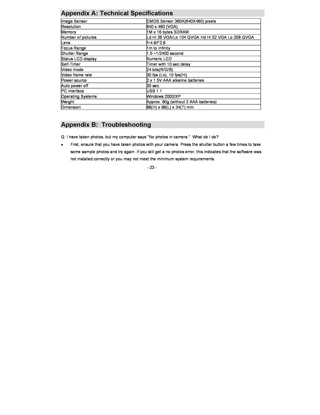 Sakar 94044 owner manual Appendix A Technical Specifications 