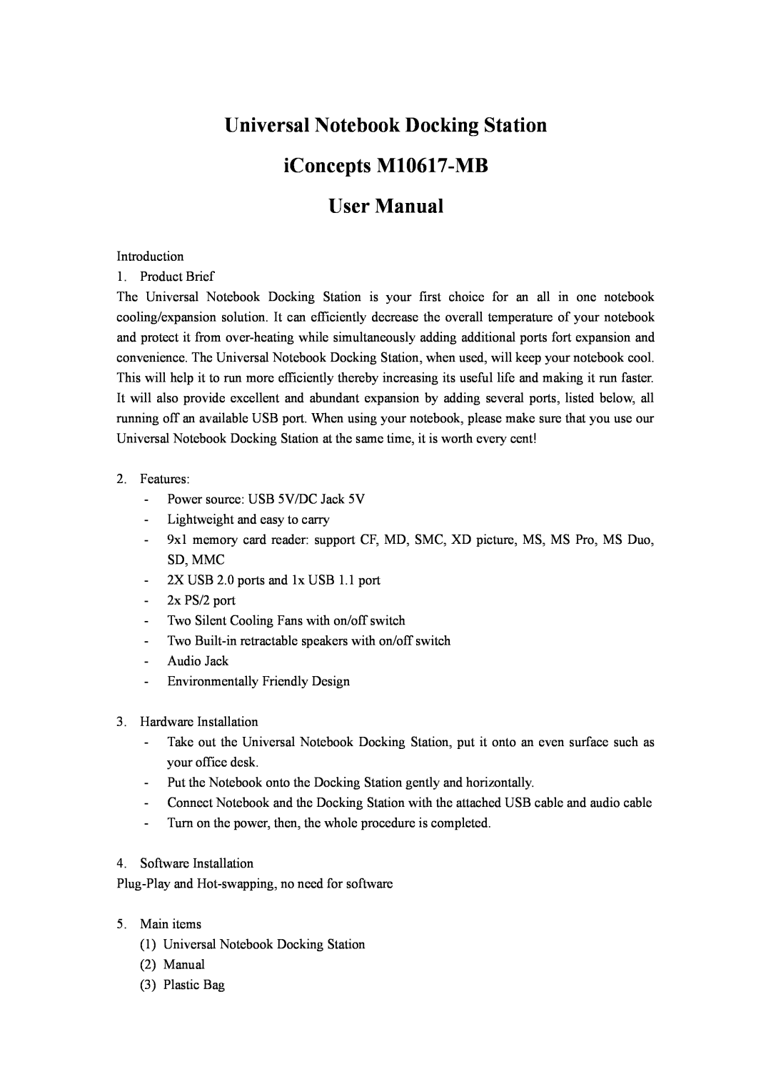 Sakar user manual Universal Notebook Docking Station iConcepts M10617-MB User Manual 
