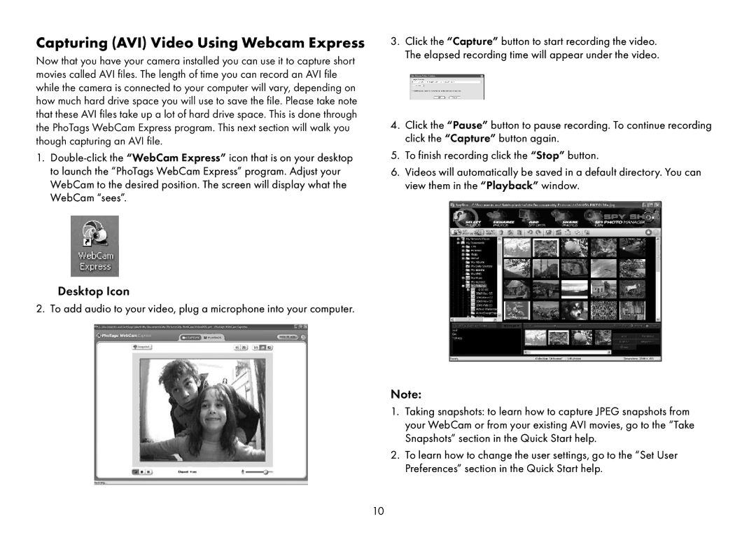 Sakar Spy shot digital camera owner manual Capturing AVI Video Using Webcam Express, Desktop Icon 