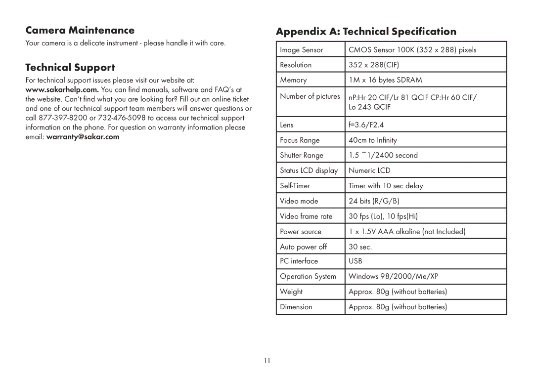 Sakar Spy shot digital camera owner manual Camera Maintenance, Technical Support Appendix a Technical Specification 