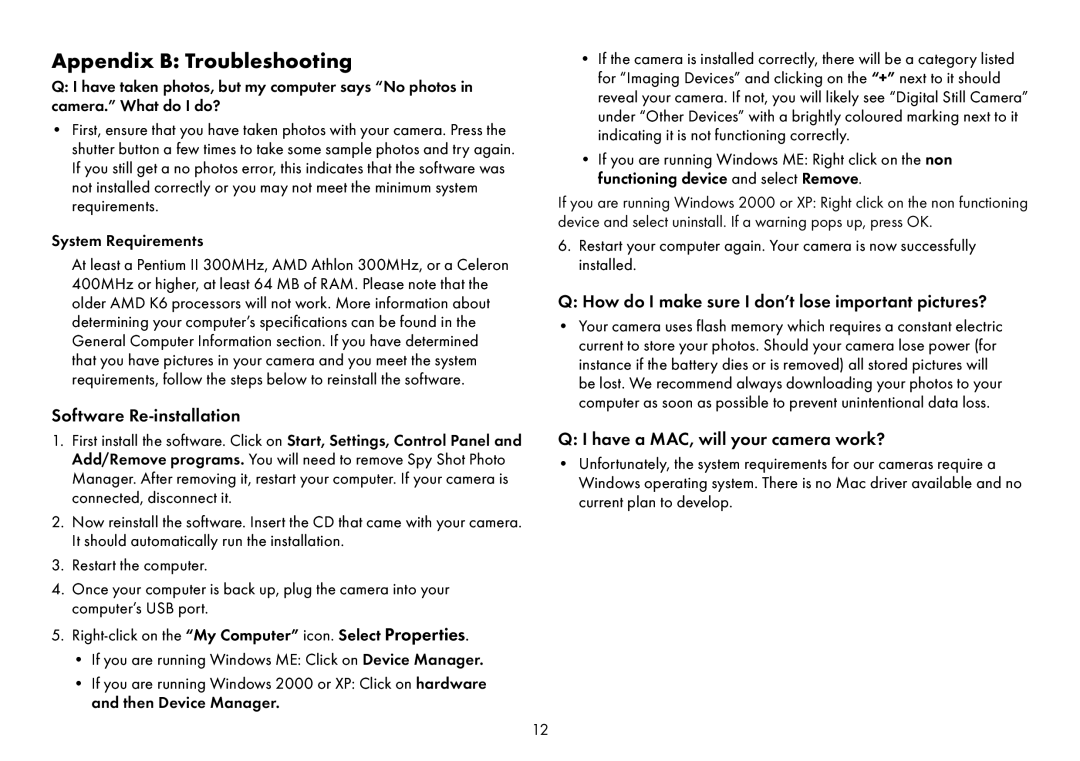 Sakar Spy shot digital camera Appendix B Troubleshooting, Software Re-installation, Have a MAC, will your camera work? 