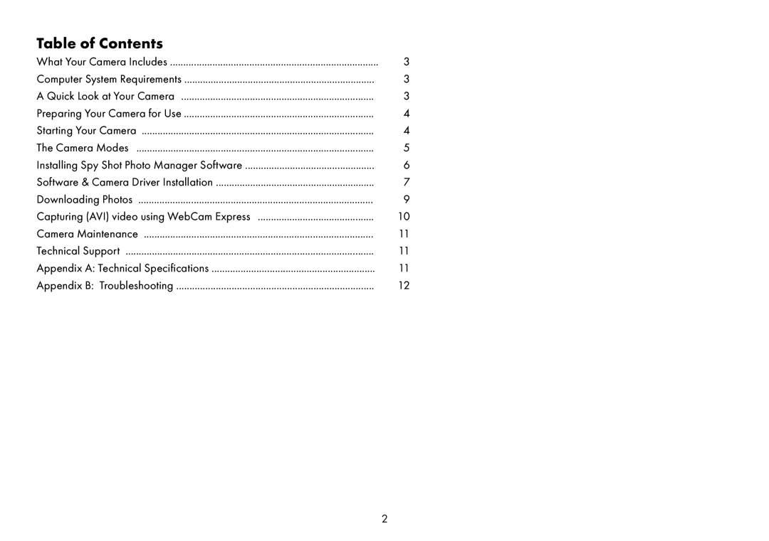 Sakar Spy shot digital camera owner manual Table of Contents 