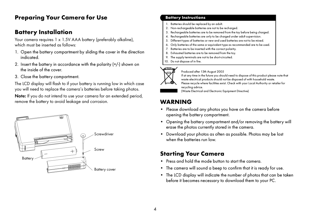 Sakar Spy shot digital camera owner manual Preparing Your Camera for Use Battery Installation, Starting Your Camera 