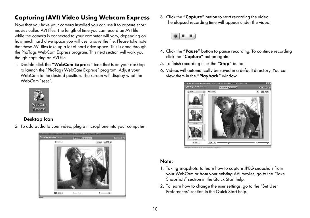 Sakar Spy shot digital camera owner manual Capturing AVI Video Using Webcam Express, Desktop Icon 