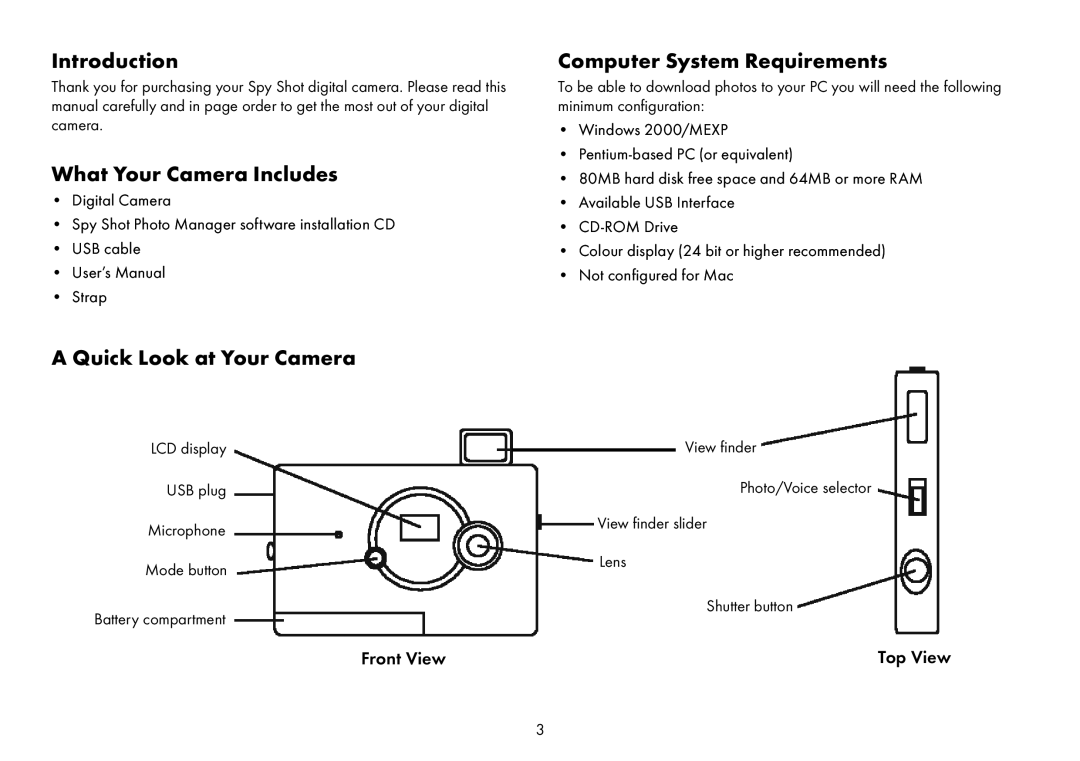Sakar Spy shot digital camera Introduction, What Your Camera Includes, Computer System Requirements, Front View, Top View 