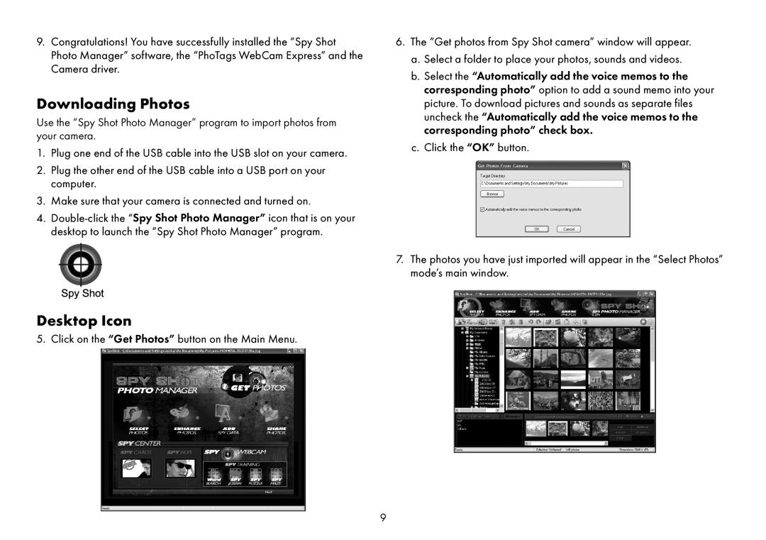 Sakar Spy shot digital camera owner manual Downloading Photos, Desktop Icon 
