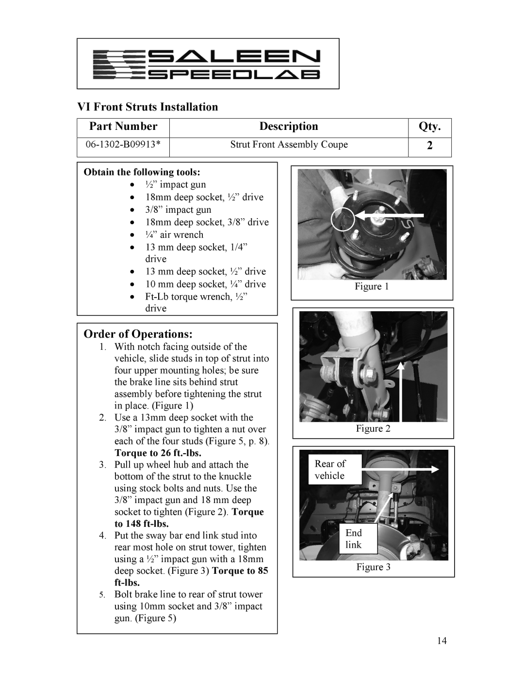 Saleen 10-8002-C11790A installation manual VI Front Struts Installation Part Number Description Qty, Torque to 26 ft.-lbs 