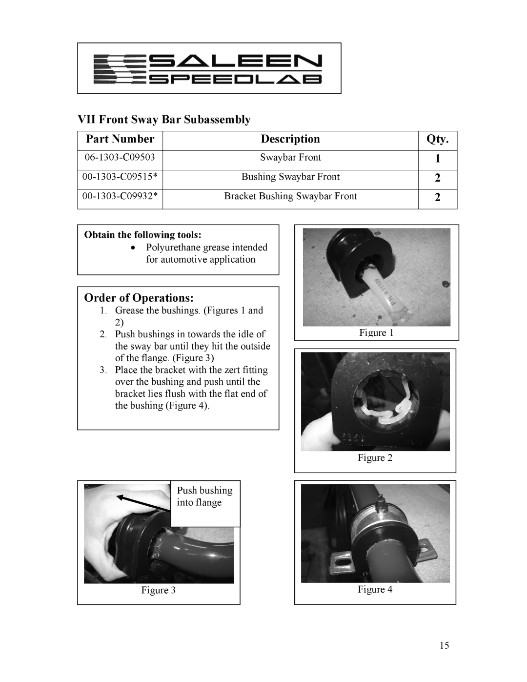 Saleen 10-8002-C11790A installation manual VII Front Sway Bar Subassembly Part Number Description Qty 