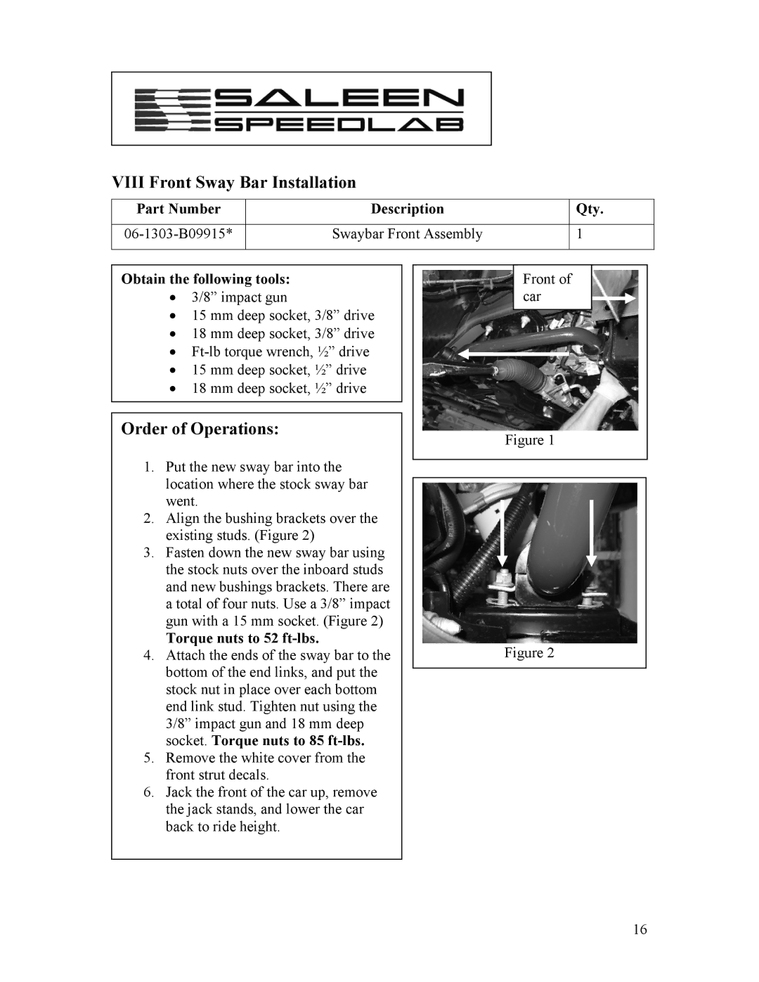 Saleen 10-8002-C11790A installation manual Viii Front Sway Bar Installation, Torque nuts to 52 ft-lbs 