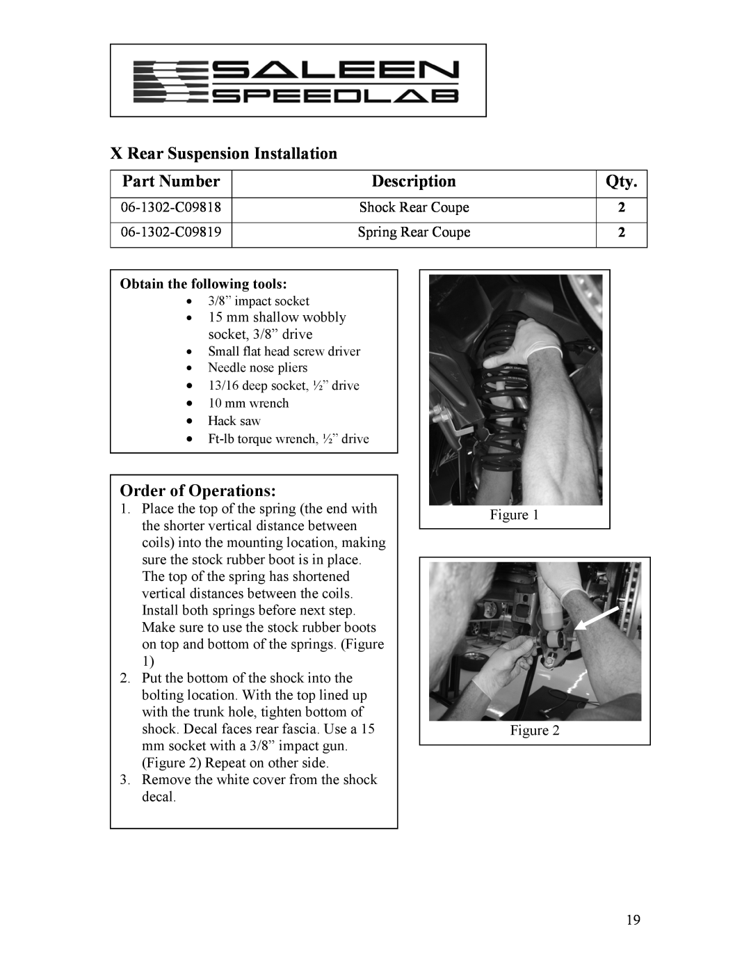 Saleen 10-8002-C11790A installation manual X Rear Suspension Installation, Part Number, Description, Order of Operations 