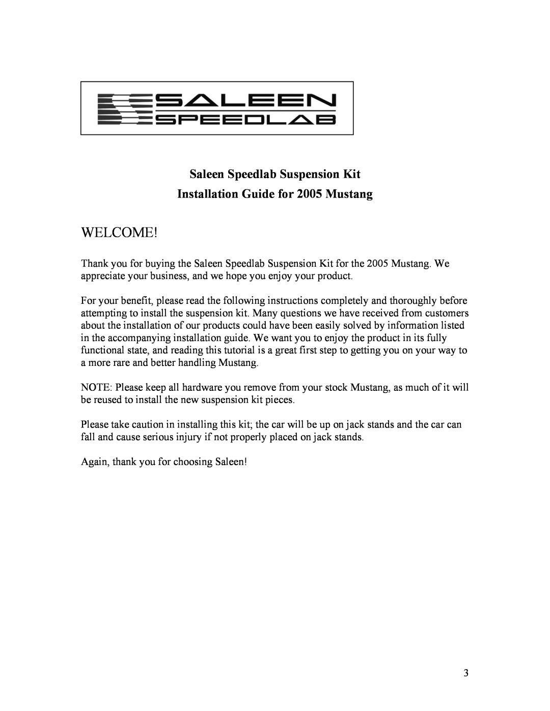 Saleen 10-8002-C11790A installation manual Saleen Speedlab Suspension Kit, Installation Guide for 2005 Mustang, Welcome 