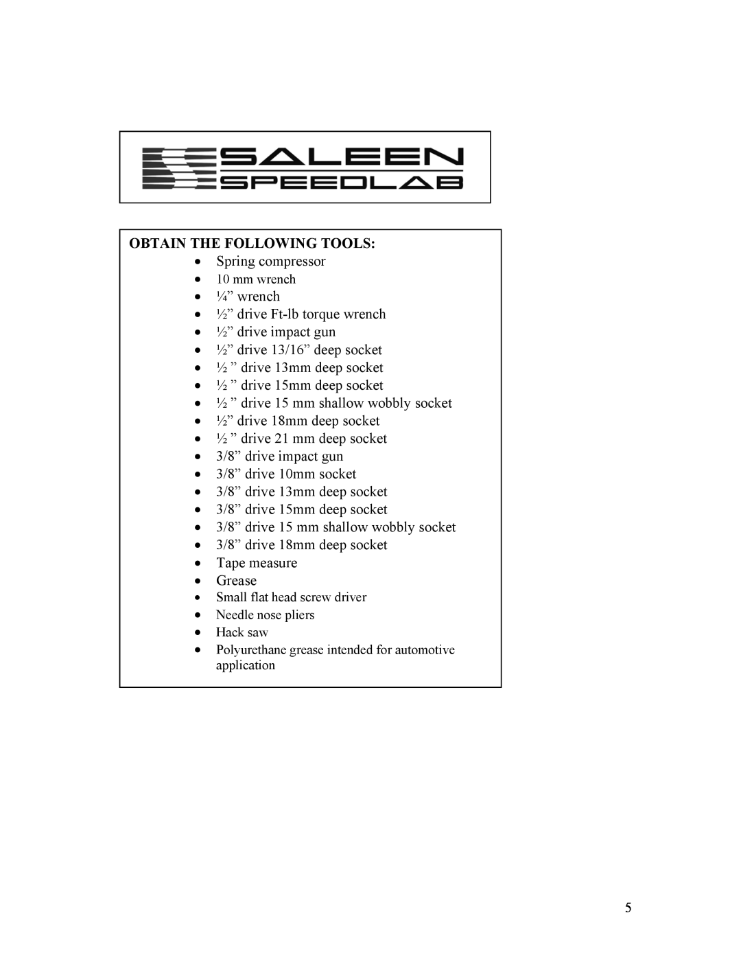 Saleen 10-8002-C11790A installation manual Obtain The Following Tools 