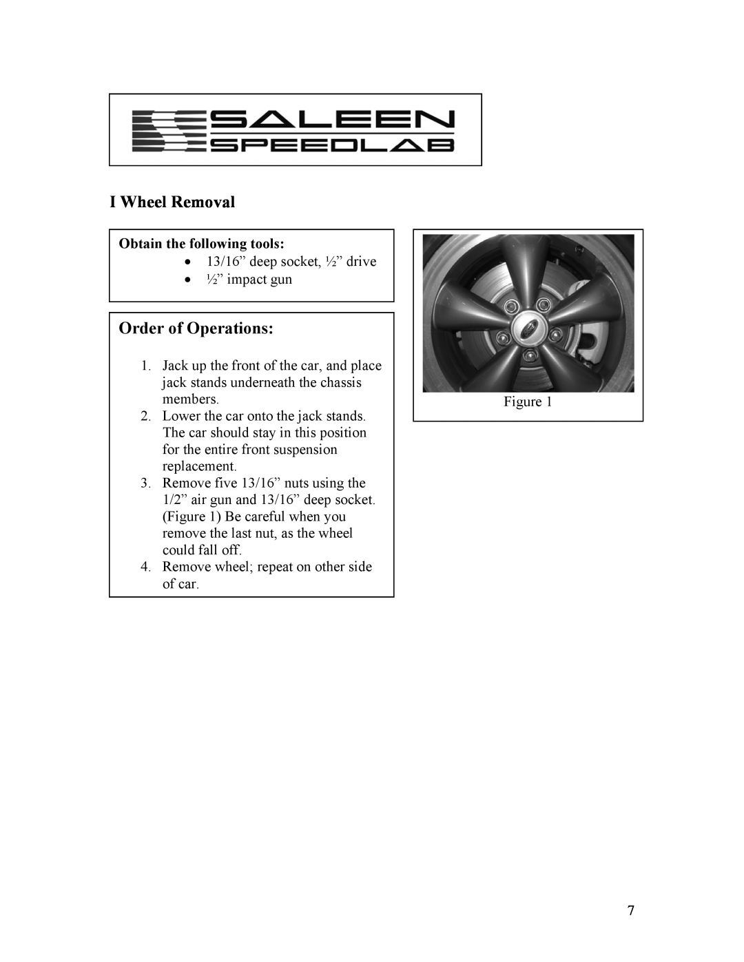 Saleen 10-8002-C11790A installation manual I Wheel Removal, Order of Operations, Obtain the following tools 