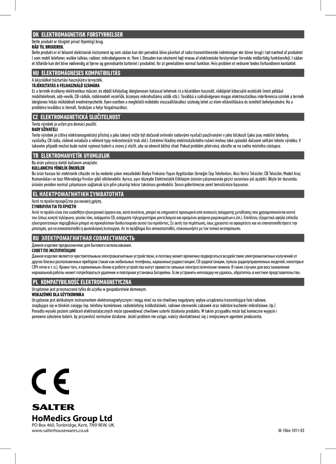 Salter Housewares 1066 DK Elektromagnetisk Forstyrrelser, HU Elektromágneses Kompatibilitás, TR Elektromanyetİk Uyumluluk 