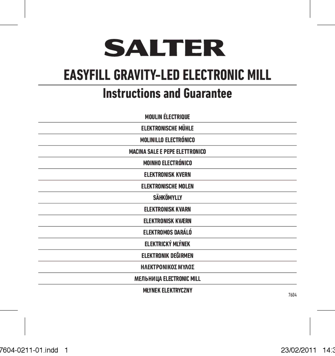 Salter Housewares 7604-0211-01 manual Easyfill Gravity-led Electronic Mill 