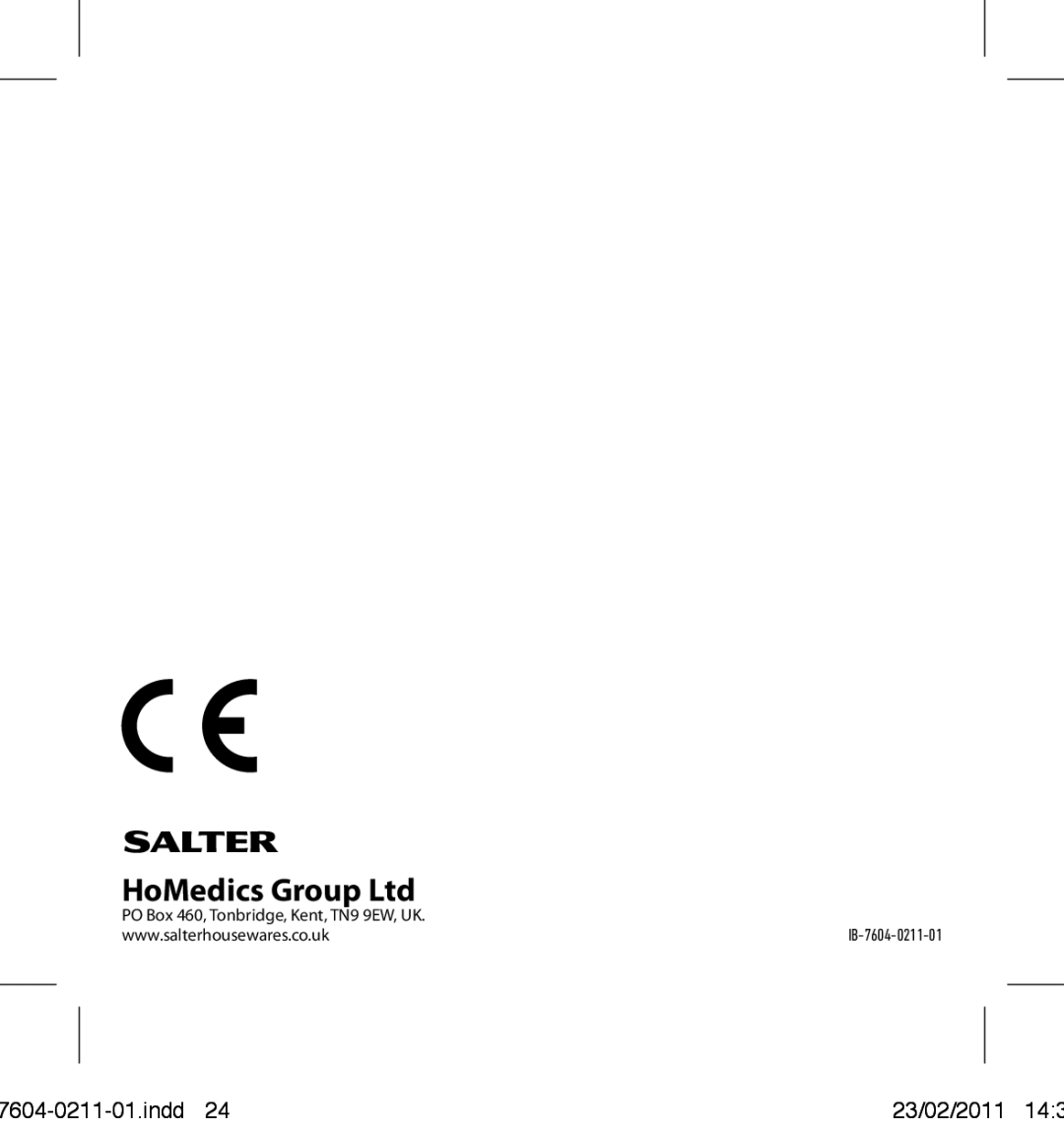 Salter Housewares 7604-0211-01 manual PO Box 460, Tonbridge, Kent, TN9 9EW, UK 