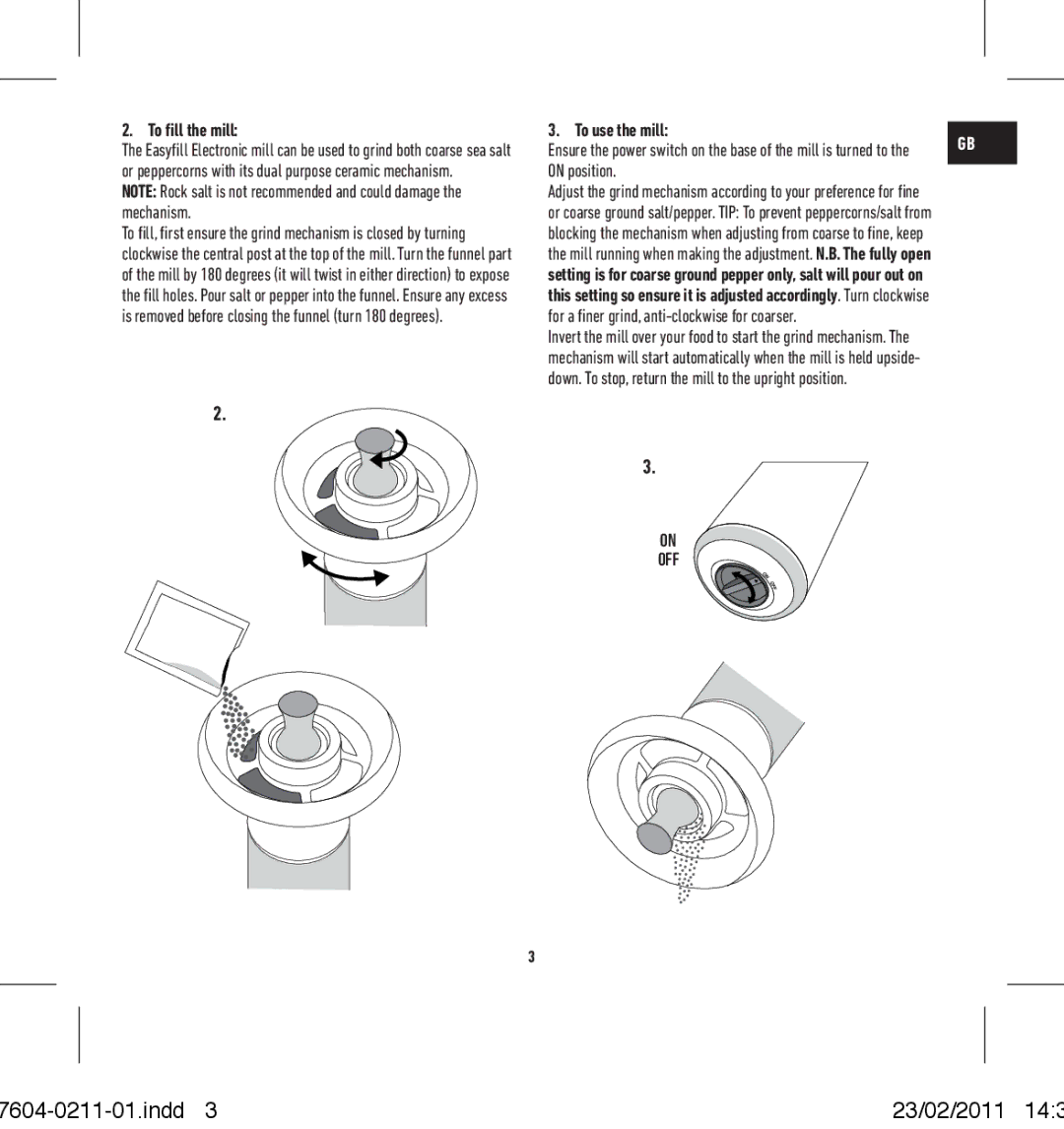 Salter Housewares 7604-0211-01 manual To fill the mill, To use the mill, On position 