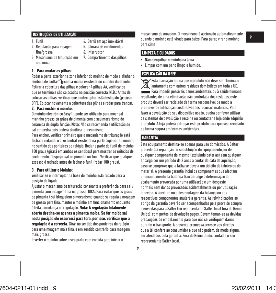 Salter Housewares 7604-0211-01 Para mudar as pilhas, Para encher o moinho, Para utilizar o Moinho, Limpeza e cuidados 