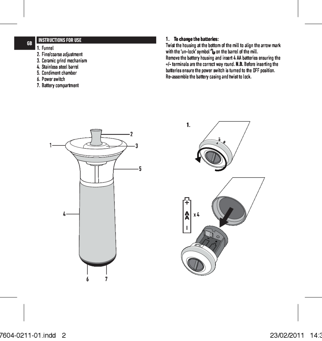 Salter Housewares 7604-0211-01 indd, 23/02/2011, Instructions for use, Funnel, Fine/coarse adjustment, Condiment chamber 