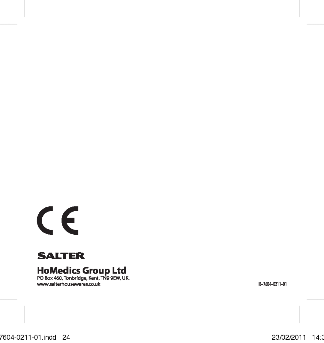 Salter Housewares 7604-0211-01 manual indd, 23/02/2011, PO Box 460, Tonbridge, Kent, TN9 9EW, UK 
