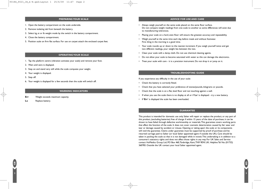 Salter Housewares 9023, 9018s Preparingyour Scale, Operating Your Scale, Advice for USE and Care, Troubleshooting Guide 