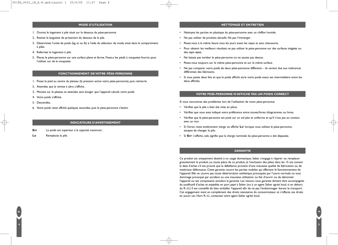 Salter Housewares 9018s Mode Dutilisation, Fonctionnement DE Votre PÈSE-PERSONNE, Indicateurs Davertissement, Garantie 