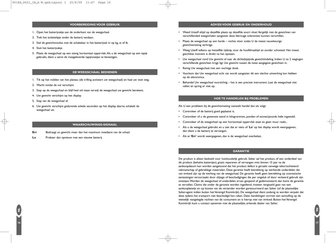 Salter Housewares 9018s, 9023 manual Voorbereidingvoor Gebruik, DE Weegschaal Bedienen, Waarschuwings-Signaal 