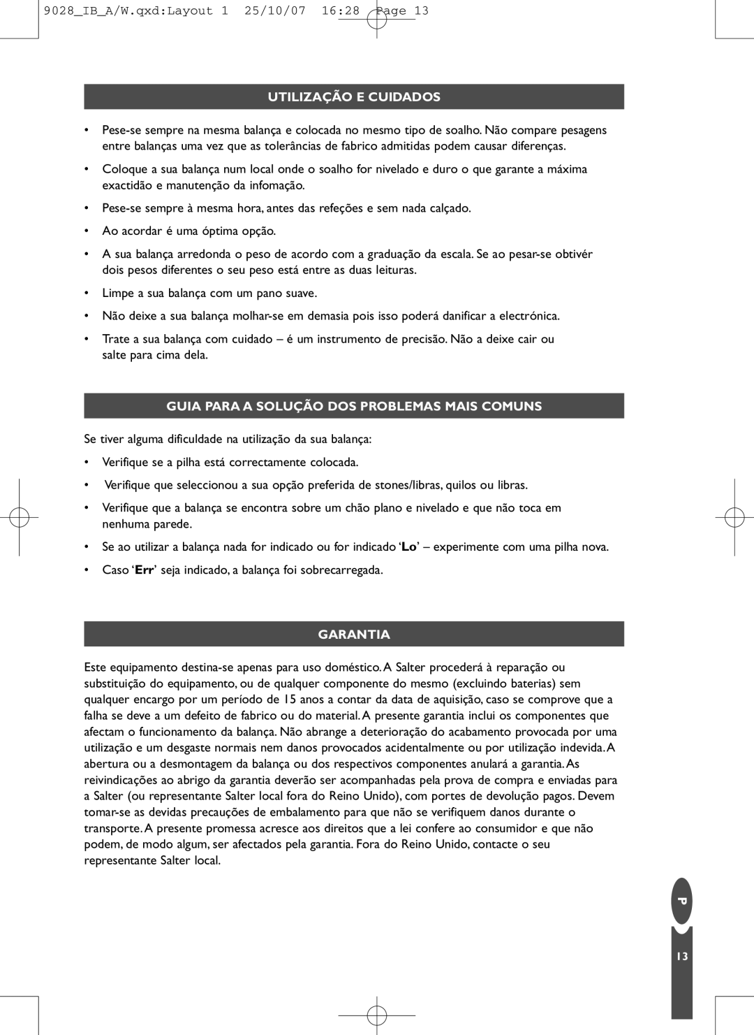 Salter Housewares 9028 manual Utilização E Cuidados, Guia Para a Solução DOS Problemas Mais Comuns 