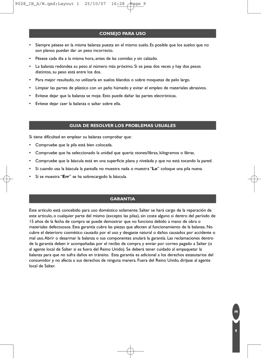 Salter Housewares 9028 manual Consejo Para USO, Guia DE Resolver LOS Problemas Usuales, Garantia 