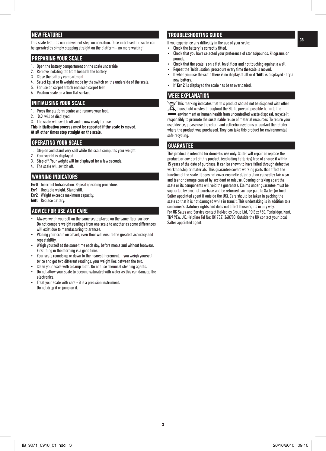 Salter Housewares 9071 manual Weee Explanation, Guarantee 