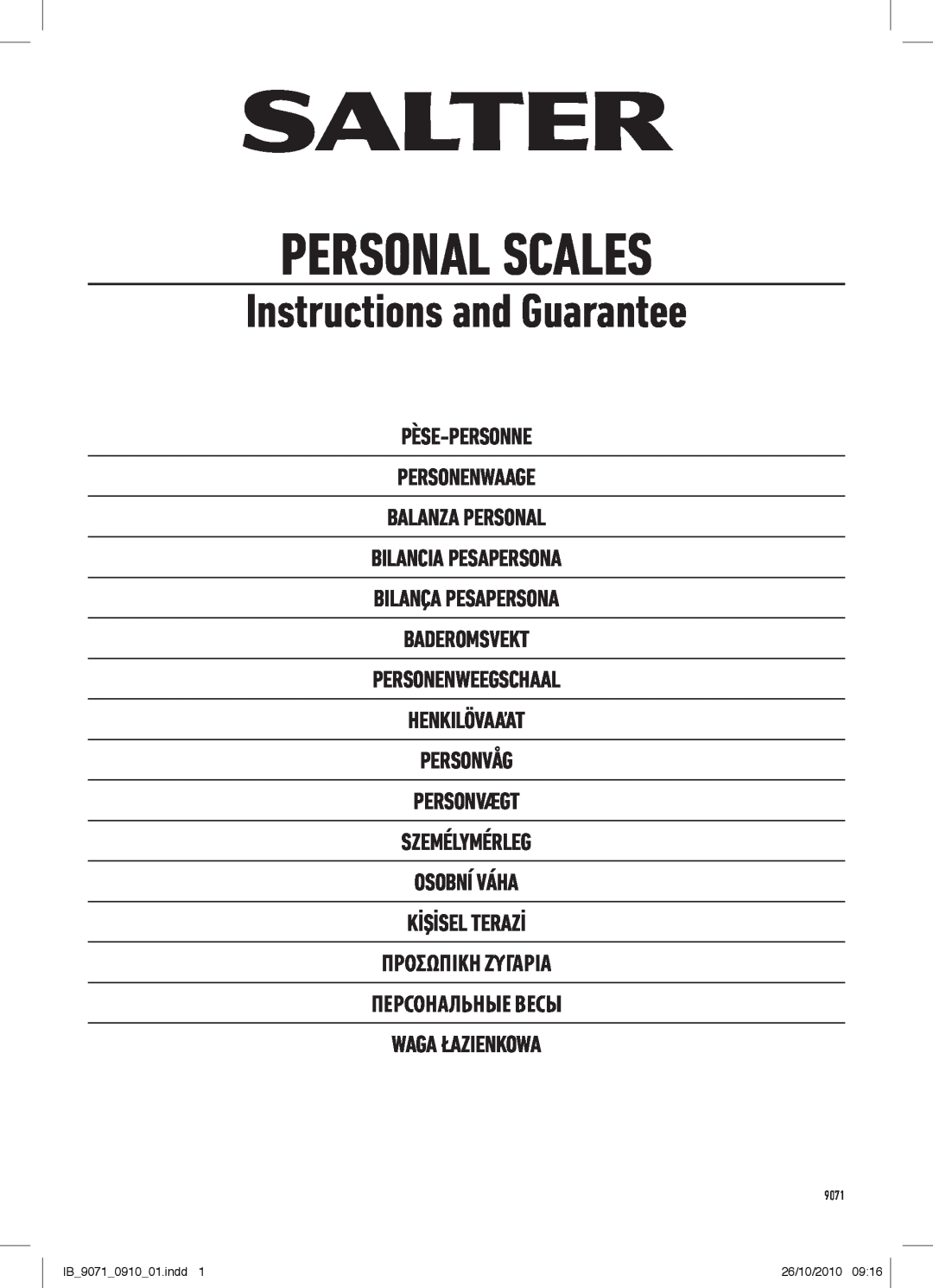Salter Housewares manual Personal Scales, Instructions and Guarantee, IB9071091001.indd, 26/10/2010 
