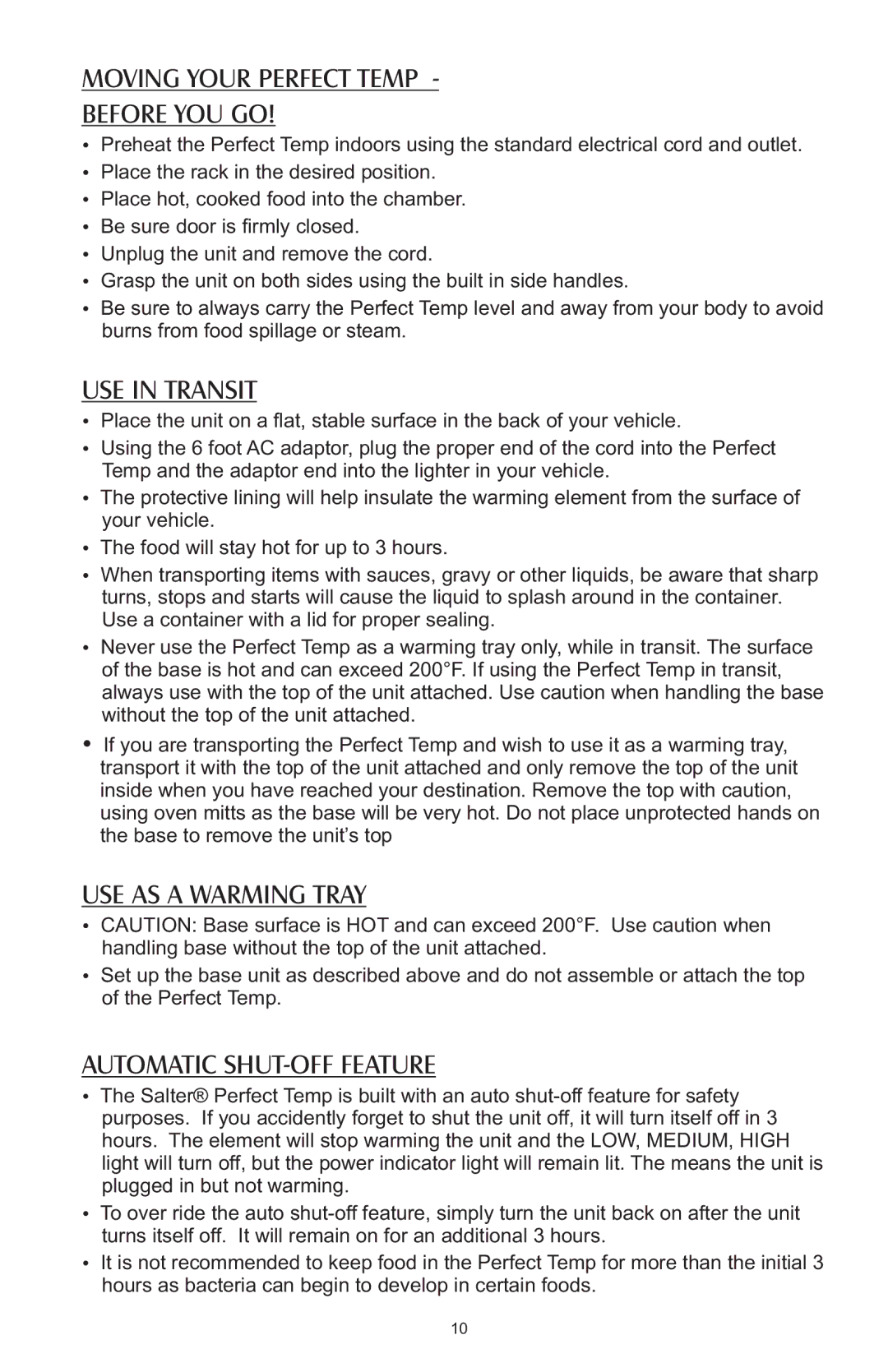 Salter Housewares AW1000 instruction manual Moving Your Perfect Temp Before YOU GO, USE in Transit, USE AS a Warming Tray 