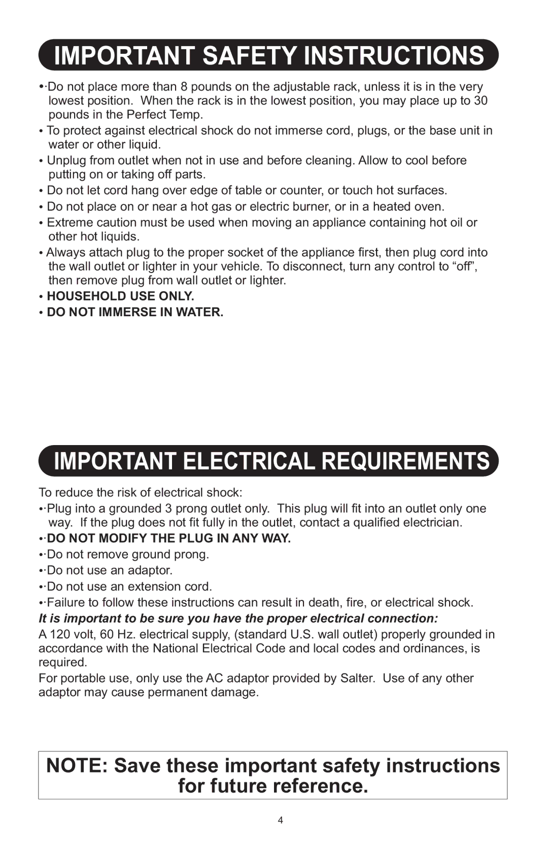 Salter Housewares AW1000 instruction manual Important Electrical Requirements 