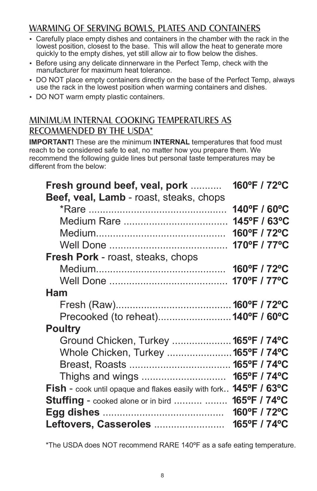 Salter Housewares AW1000 instruction manual Egg dishes 160ºF / 72ºC Leftovers, Casseroles 165ºF / 74ºC 