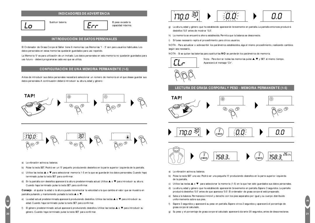 Salter Housewares Body Fat Computer Indicadores DE Advertencia, Introducción DE Datos Personales, Sustituir batería 