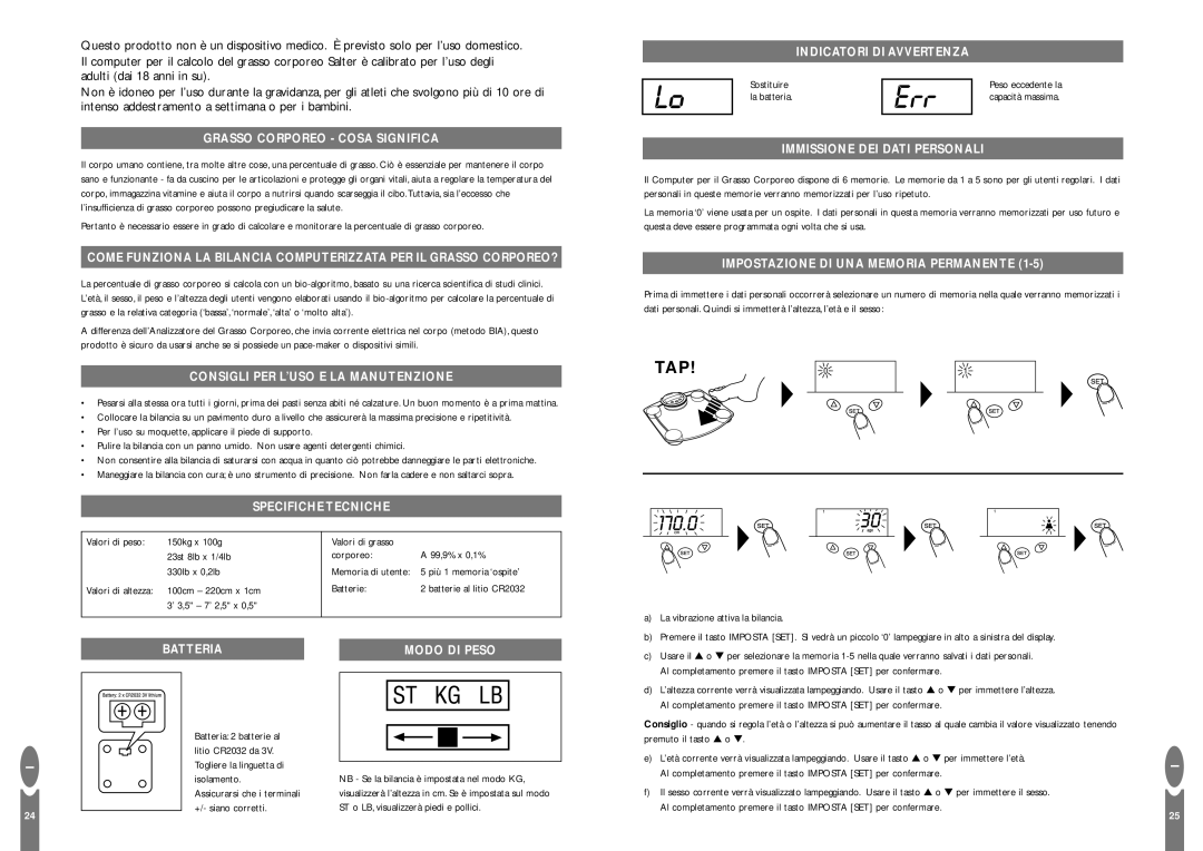 Salter Housewares Body Fat Computer instruction manual Grasso Corporeo Cosa Significa, Consigli PER L’USO E LA Manutenzione 