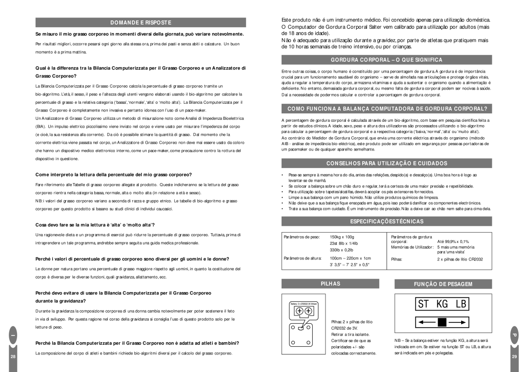 Salter Housewares Body Fat Computer Domande E Risposte, Gordura Corporal O QUE Significa, Especificações Técnicas 