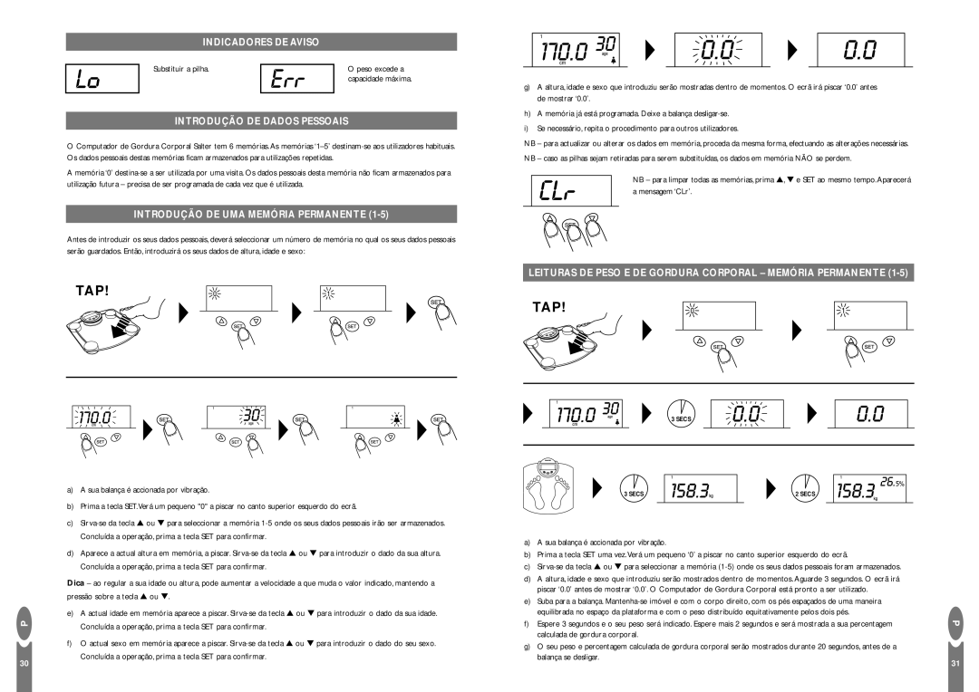 Salter Housewares Body Fat Computer Indicadores DE Aviso, Introdução DE Dados Pessoais, Substituir a pilha Peso excede a 