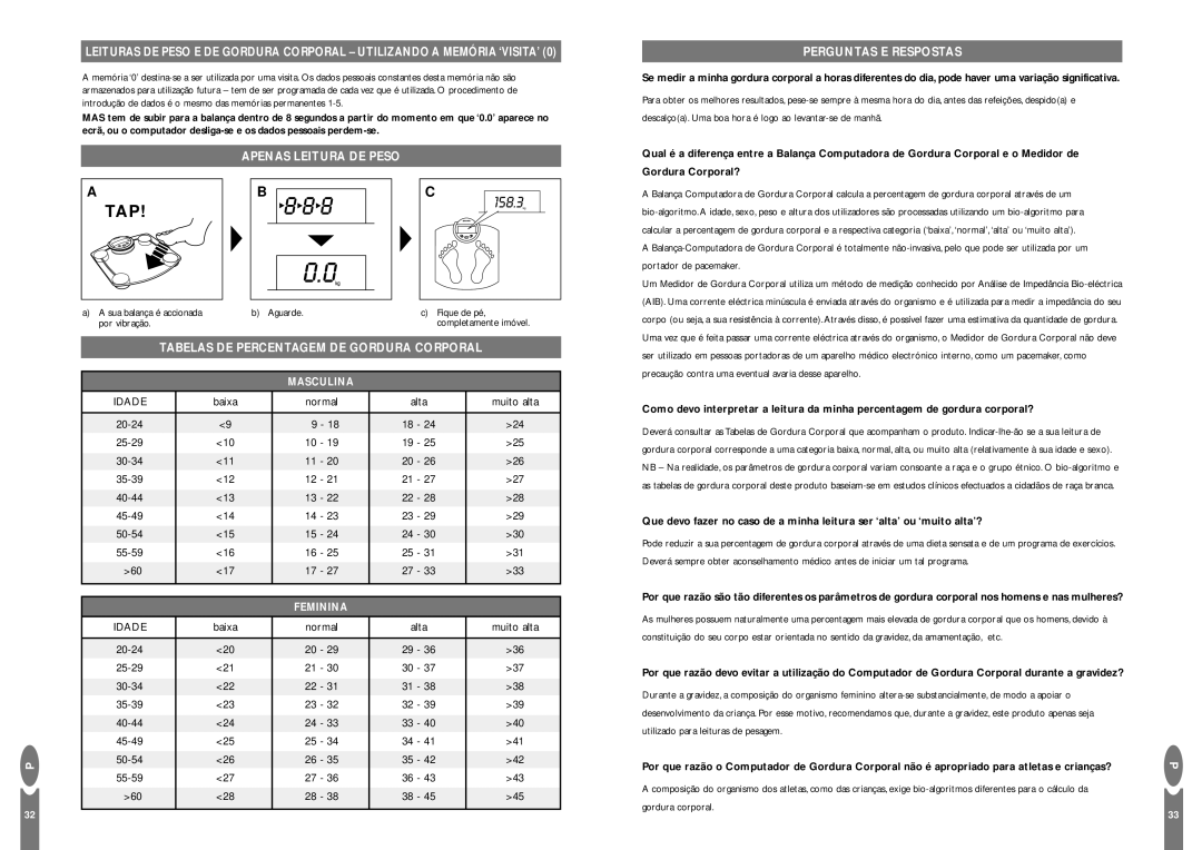 Salter Housewares Body Fat Computer instruction manual Perguntas E Respostas, Apenas Leitura DE Peso, Masculina, Feminina 